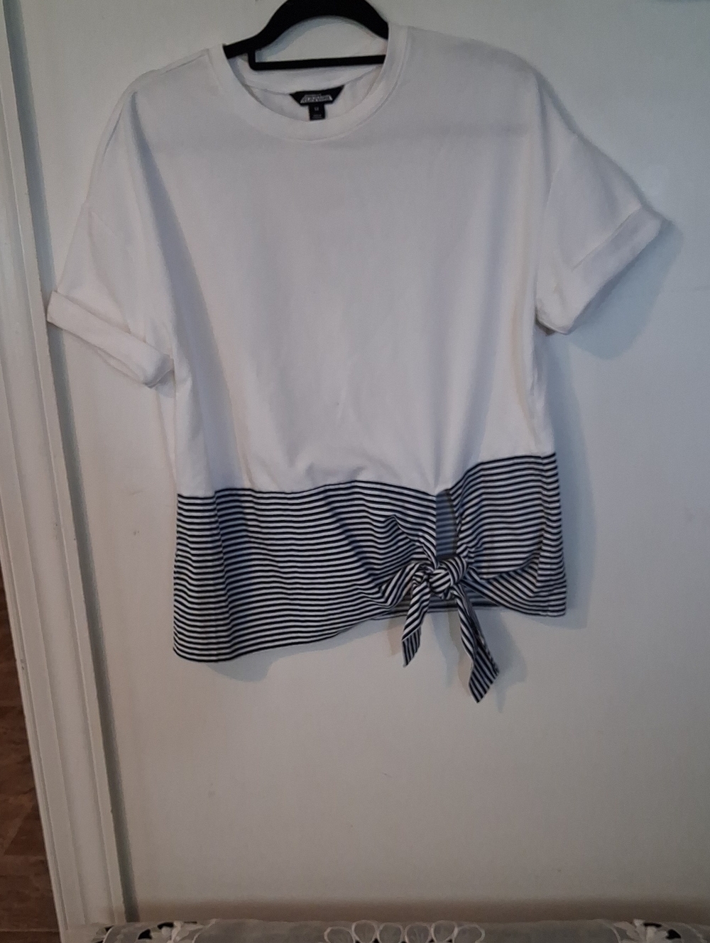 project RUNWAY White Short Sleeve Top with Navy Striped Tie Hem